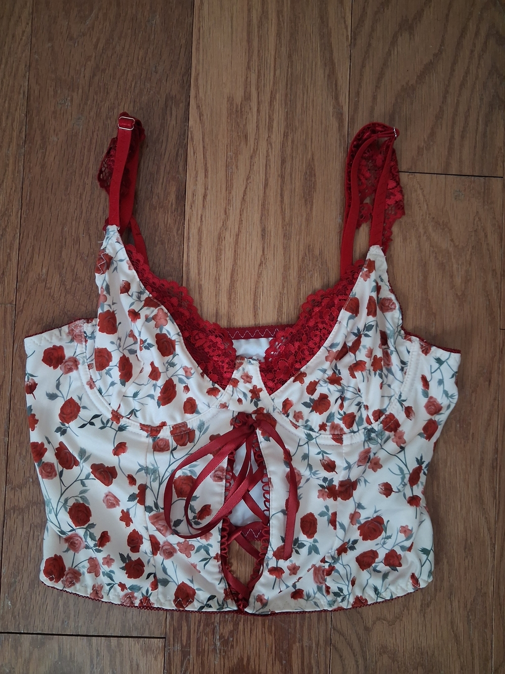 ROMWE Red & White Floral Lace-Trim Bustier Cami